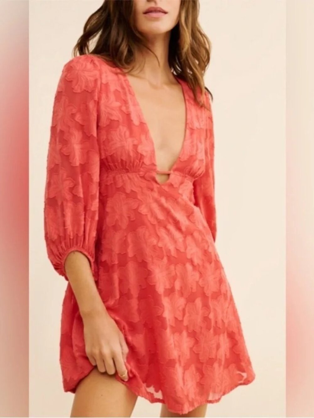Anthropologie Jacquard Plunge Mini Dress Raspberry Red Puff Sleeve Deep - US 16W